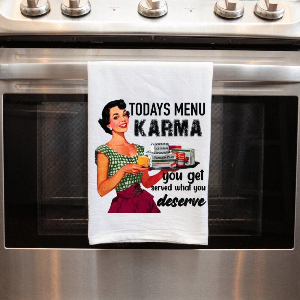 Karma Handmade Sublimated Kitchen Towel: Today's Menu - Stylish Funny and Functi
